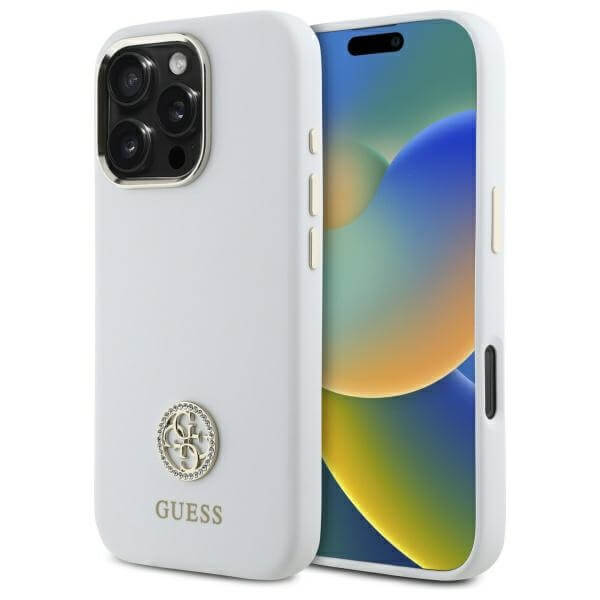 Guess iPhone 16 Pro - Silicone Logo Strass 4G - Σκληρή Θήκη με Πλαίσιο Σιλικόνης - White - GUHCP16LM4DGPH