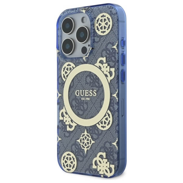 Guess iPhone 16 Pro Max - IML Peony On 4G Background - MagSafe Θήκη με Επένδυση Συνθετικού Δέρματος - Blue - GUHMP16XH4PYEEB