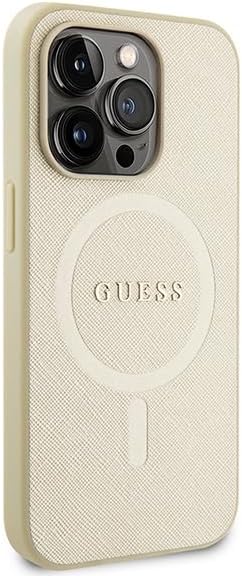 Guess iPhone 15 Pro Saffiano MagSafe Σκληρή Θήκη με Πλαίσιο Σιλικόνης και MagSafe - Gold - GUHMP15LPSAHMCB