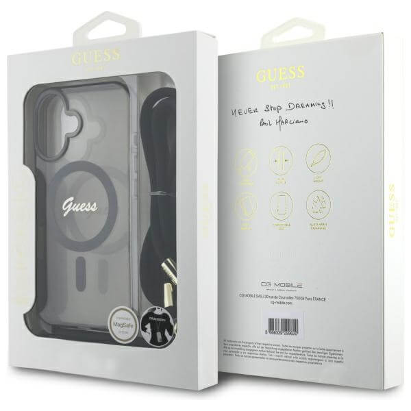 Guess iPhone 16 - Crossbody Cord Script MagSafe - Σκληρή Θήκη με Πλαίσιο Σιλικόνης και Λουράκι - Black - GUHMP16SHCTSGNSK