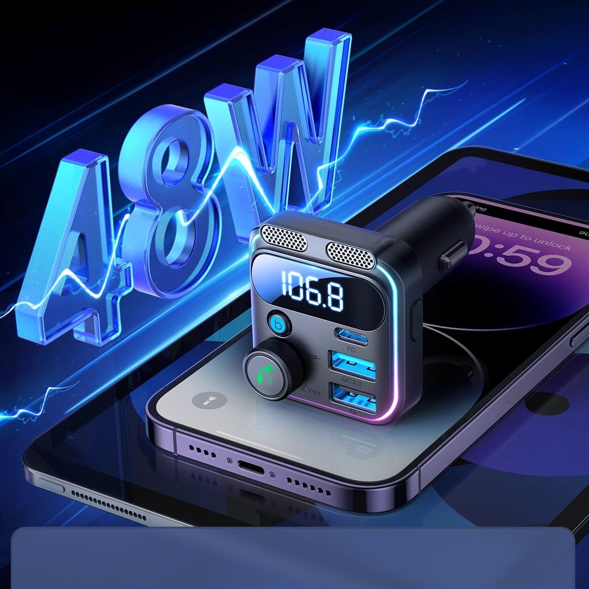 Joyroom JR - CCB01 Bluetooth 5.3 FM Transmitter για Αναπαραγωγή Μουσικής / Κλήσεις / Φόρτιση Κινητών στο Αυτοκίνητο 48W - Black