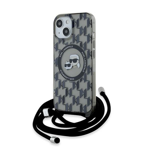 Karl Lagerfeld iPhone 15 / 14 / 13 - IML Crossbody Monogram Karl and Choupette Head - MagSafe Σκληρή Θήκη με Πλαίσιο Σιλικόνης και Λουράκι - Black - KLHMP15SHCKCKLCK