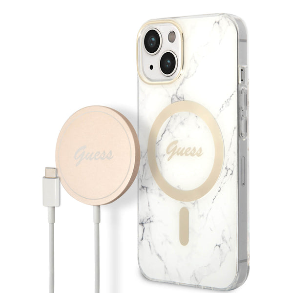 Guess iPhone 15 / 14 / 13 - Bundle Pack - Σετ Σκληρή Θήκη με Πλαίσιο Σιλικόνης και Ασύρματος Φορτιστής MagSafe - Design Marble MagSafe - White - GUBPP14SHMEACSH