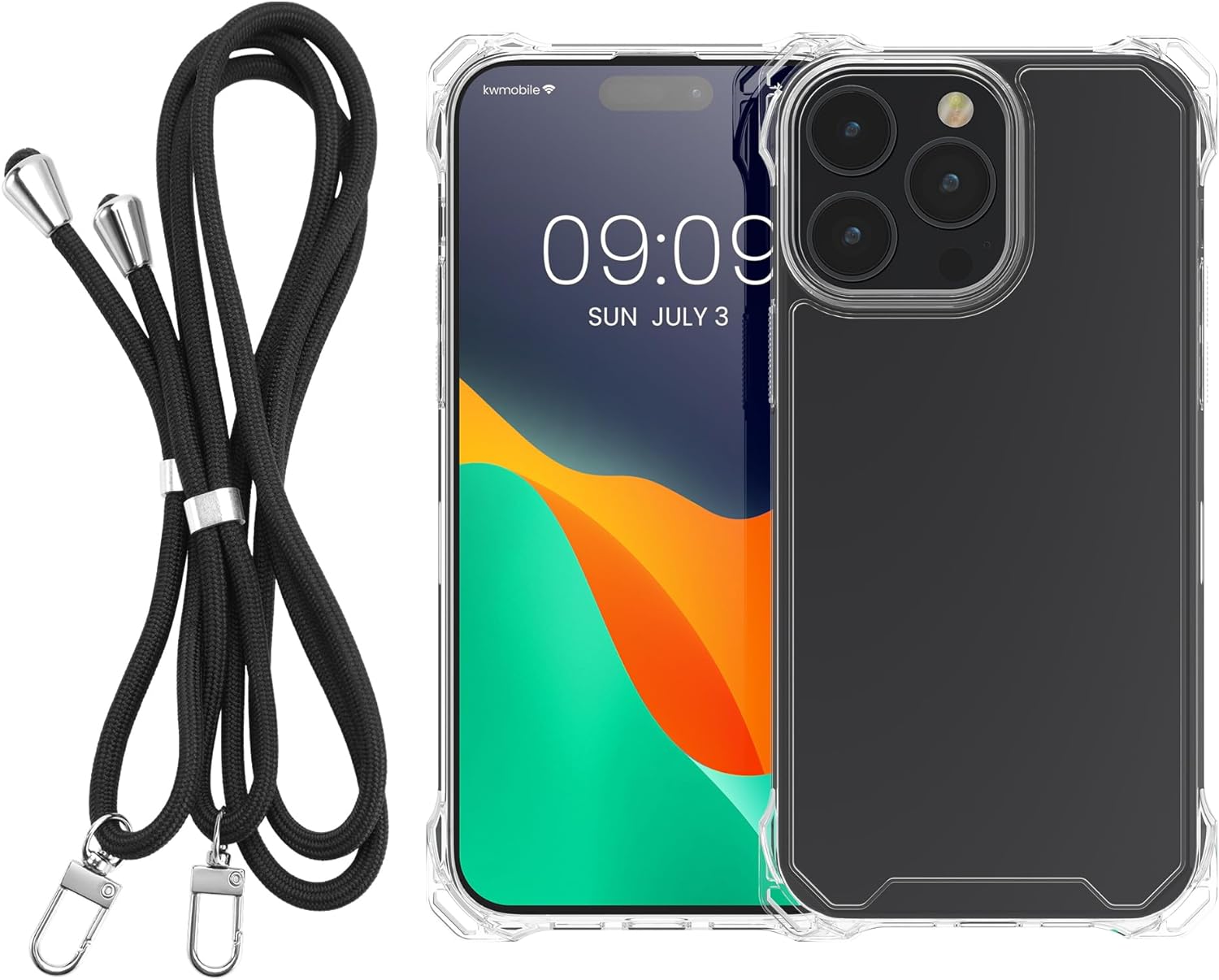 KW iPhone 15 Pro Σκληρή Θήκη με Πλαίσιο Σιλικόνης και Λουράκι - Διάφανη / Black - 62039.01
