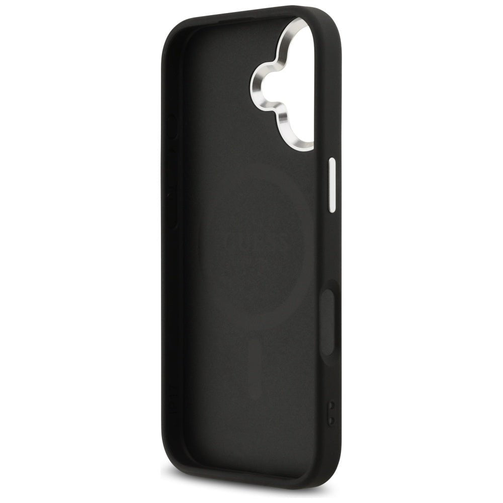 Guess iPhone 17 - 4G Triangle Logo MagSafe - Σκληρή Θήκη με Πλαίσιο Σιλικόνης και Επένδυση Συνθετικού Δέρματος - Black / Silver - GUHMP17SP4TSRCMK