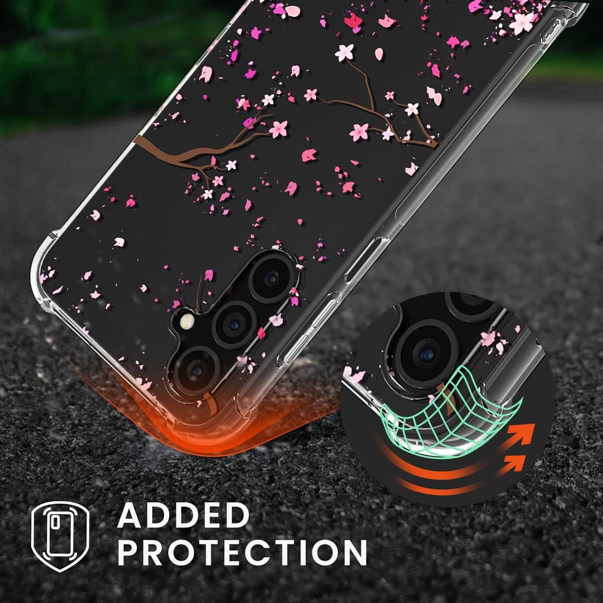 KW Samsung Galaxy A25 5G Θήκη Σιλικόνης TPU με Λουράκι - Design Cherry Blossom Leaves - Pink / Dark Brown / Διάφανη