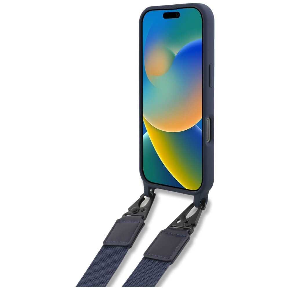 Red Bull iPhone 16 Pro Max - Silicone Strap and Vertical Logo - MagSafe Σκληρή Θήκη με Πλαίσιο Σιλικόνης και Λουράκι - Navy Blue - RBHMP16X24SISOLRV
