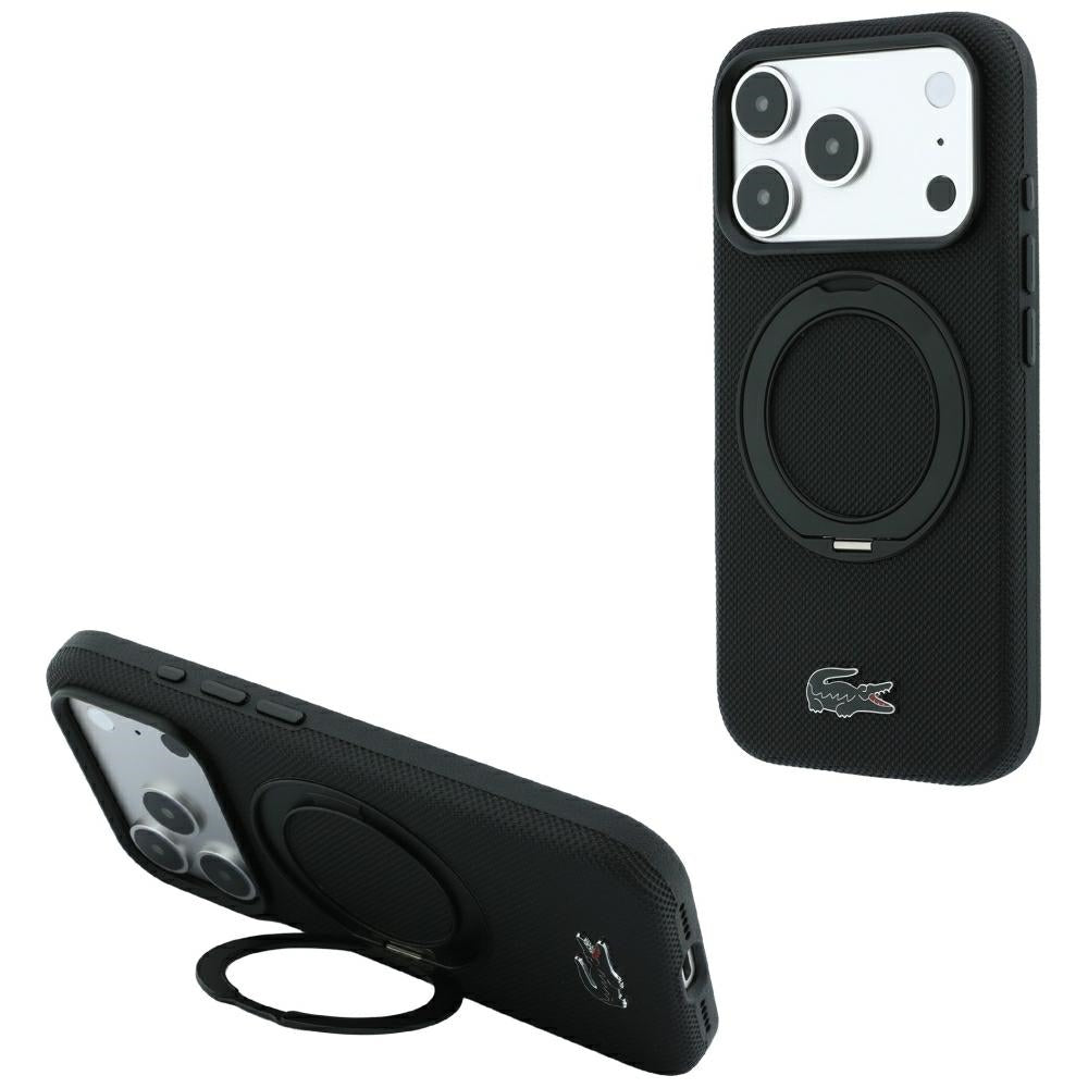 Lacoste iPhone 18 Pro / iPhone 17 Pro - Σκληρή Θήκη με Πλαίσιο Σιλικόνης και Δαχτυλίδι Συγκράτησης MagSafe - Petit Pique with Ring Stand - Black