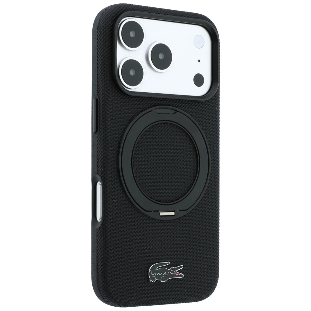 Lacoste iPhone 18 Pro / iPhone 17 Pro - Σκληρή Θήκη με Πλαίσιο Σιλικόνης και Δαχτυλίδι Συγκράτησης MagSafe - Petit Pique with Ring Stand - Black