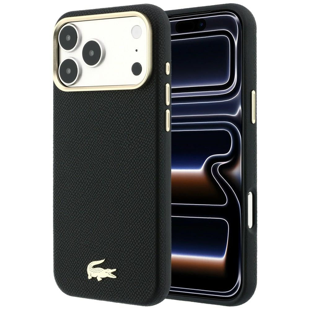 Lacoste iPhone 18 Pro / iPhone 17 Pro - Σκληρή Θήκη με Πλαίσιο Σιλικόνης και Επένδυση Οικολογικού Δέρματος MagSafe - Champs Elysees Embossed - Black