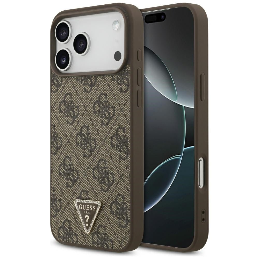 Guess iPhone 17 Pro Max - 4G Triangle Strass MagSafe - Σκληρή Θήκη με Επένδυση Συνθετικού Δέρματος - Brown - GUHMP17XP4TDPLW