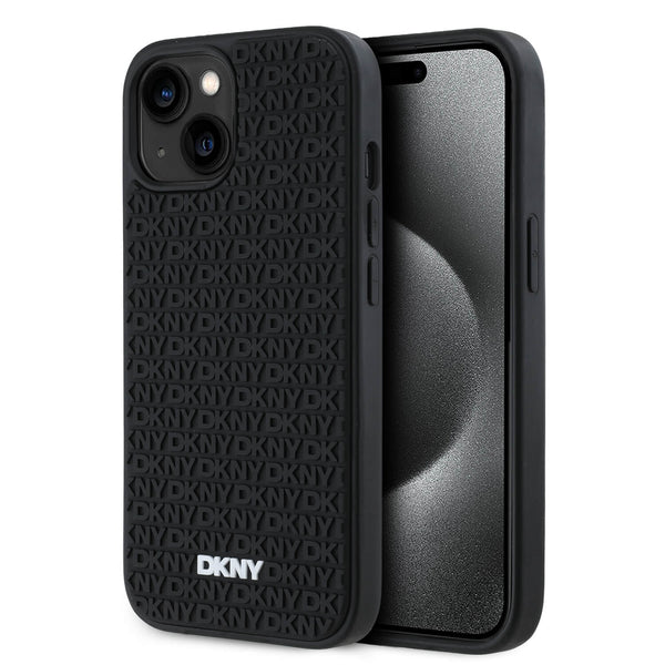 DKNY iPhone 15 / 14 / 13 - 3D Rubber Repeat Pattern - Σκληρή Θήκη με Επένδυση Συνθετικού Δέρματος - Black