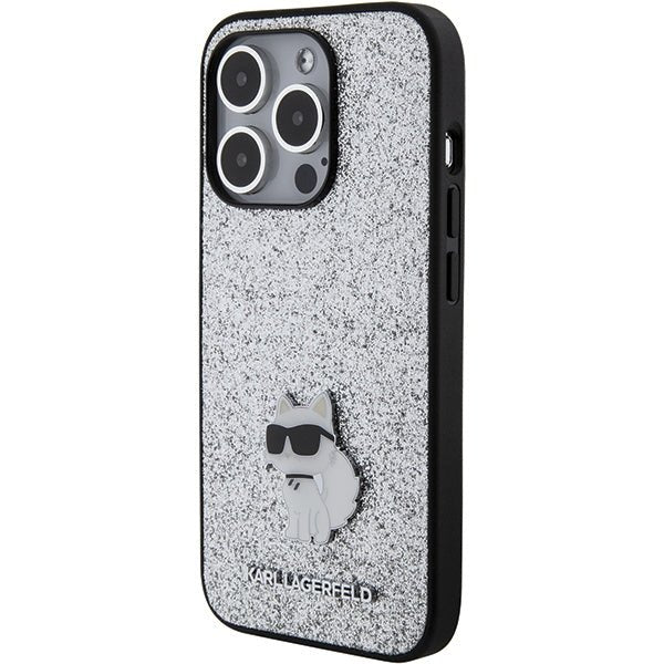 Karl Lagerfeld iPhone 15 Pro Max - Glitter Choupette Logo Metal Logo Σκληρή Θήκη με Πλαίσιο Σιλικόνης - Silver - KLHCP15XGCNPSG