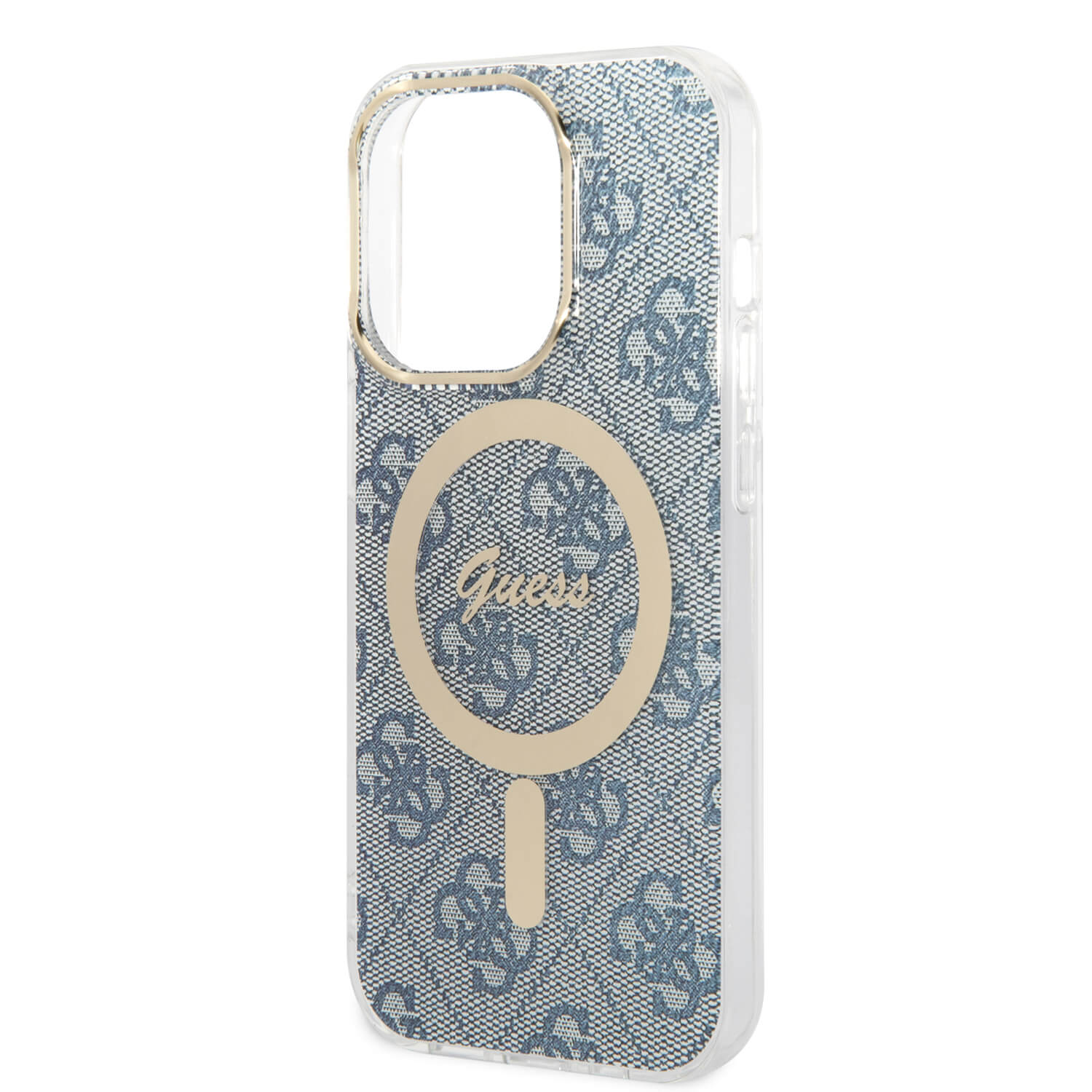 Guess iPhone 14 Pro Max - Bundle Pack MagSafe - Σετ Σκληρή Θήκη με Πλαίσιο Σιλικόνης και Ασύρματος Φορτιστής MagSafe - Design 4G and Gold - Blue - GUBPP14XH4EACSB