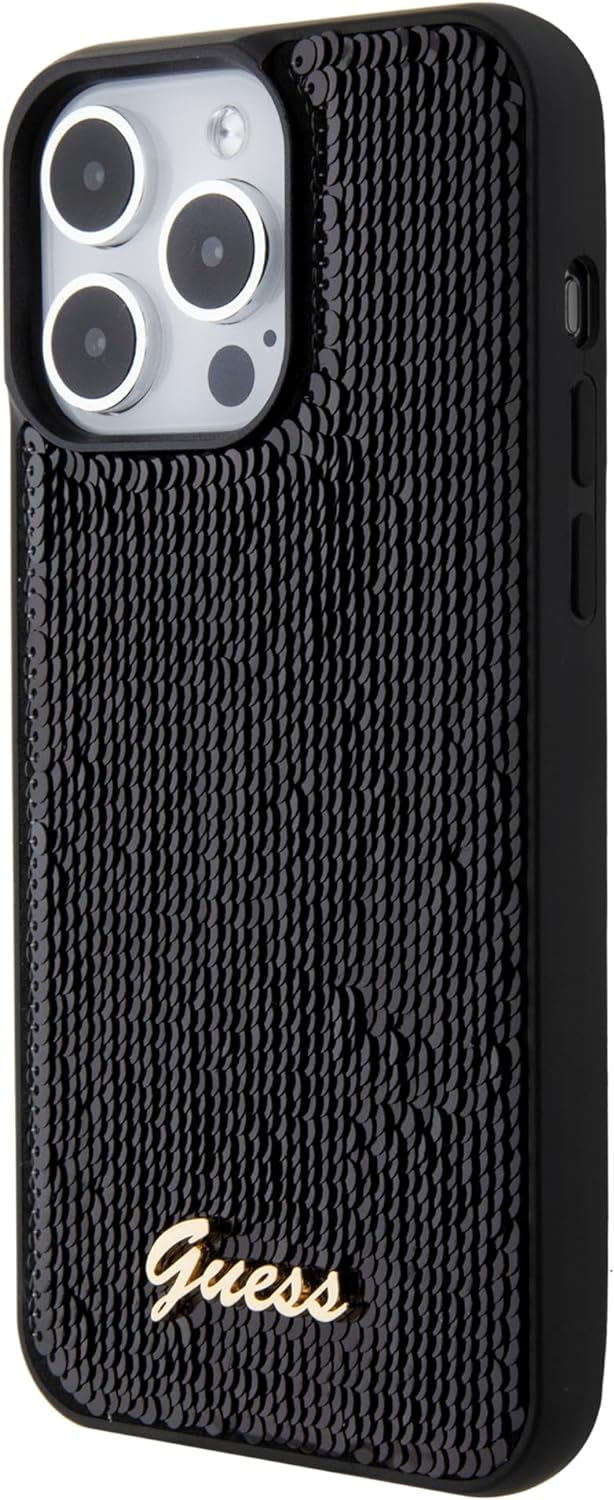 Guess iPhone 15 Pro Max - Sequin Script Metal Σκληρή Θήκη με Επένδυση από Παγέτες - Black - GUHCP15XPSFDGSK