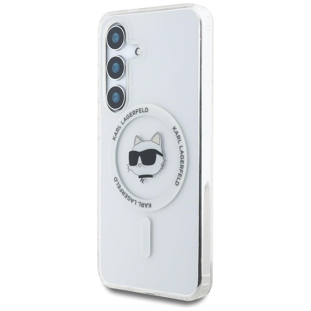 Karl Lagerfeld Samsung Galaxy S25 - Button Choupette Head Printed Logo - MagSafe Σκληρή Θήκη με Πλαίσιο Σιλικόνης - White - KLHMS25SHLSCHH