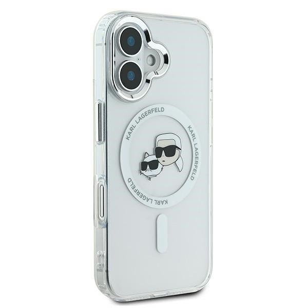 Karl Lagerfeld iPhone 16 - IML Metal Karl and Choupette Head - Σκληρή Θήκη με Πλαίσιο Σιλικόνης και MagSafe - White - KLHMP16SHLSKCH