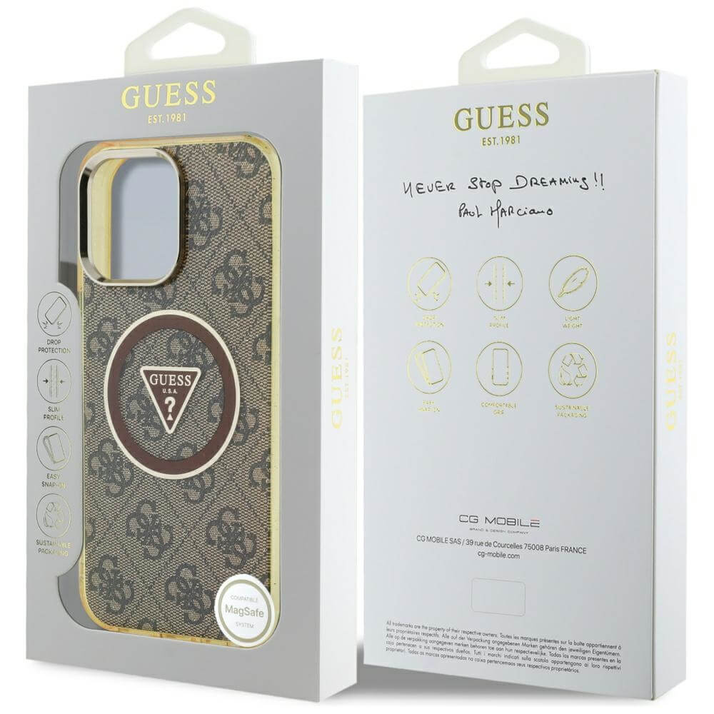 Guess iPhone 16 Pro Max - IML Metal Glitter 4G Circle Triangle MagSafe - Σκληρή Θήκη με Πλαίσιο Σιλικόνης και MagSafe - Brown - GUHMP16XHG4PRTGW