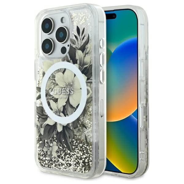 Guess iPhone 16 Pro Max - Liquid Glitter Flower - MagSafe Σκληρή Θήκη με Πλαίσιο Σιλικόνη - Beige - GUHMP16XLFMWTE