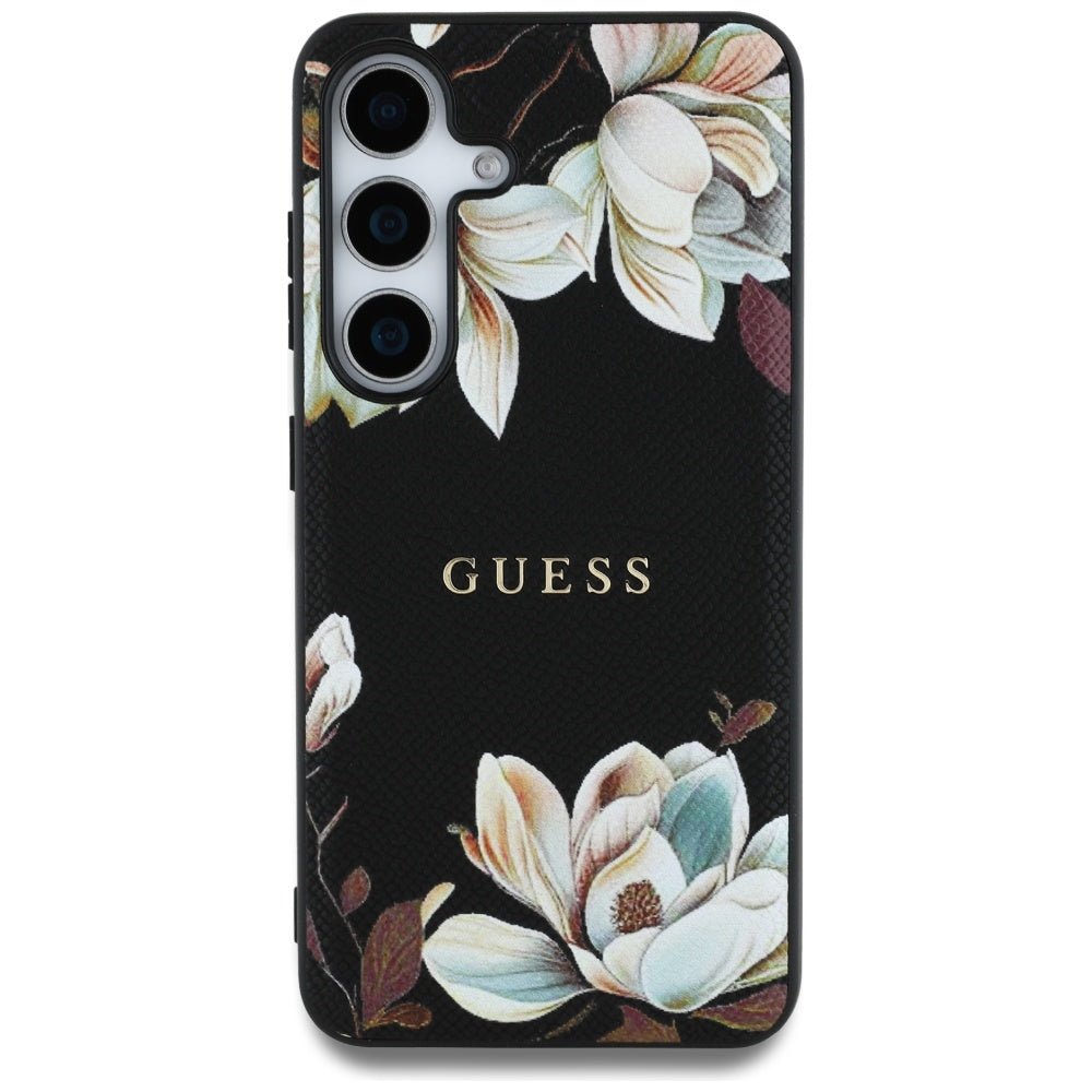 Guess Samsung Galaxy S25 - Grained Printed Flower Pattern - Θήκη με Επένδυση Συνθετικού Δέρματος και MagSafe - Black - GUHMS25SPGNMPLMK
