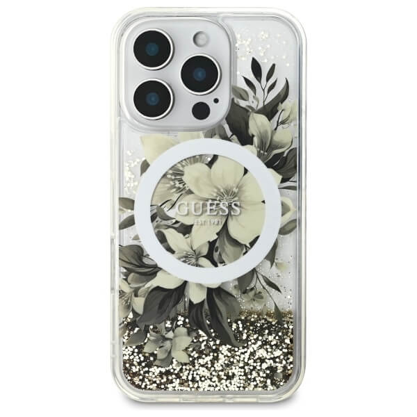 Guess iPhone 16 Pro Max - Liquid Glitter Flower - MagSafe Σκληρή Θήκη με Πλαίσιο Σιλικόνη - Beige - GUHMP16XLFMWTE