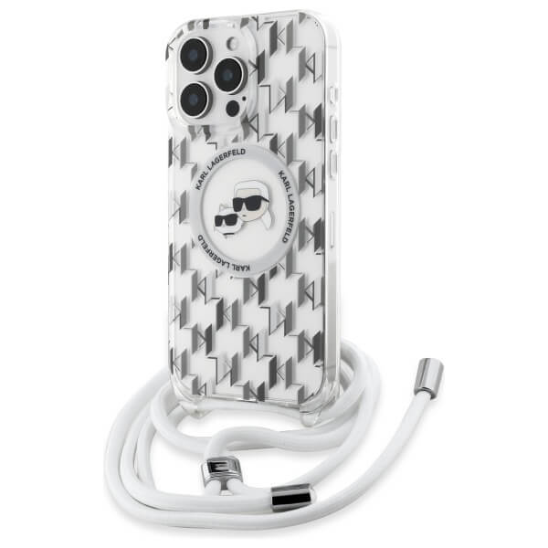 Karl Lagerfeld iPhone 16 Pro Max - IML Crossbody Monogram Karl and Choupette Head - MagSafe Σκληρή Θήκη με Πλαίσιο Σιλικόνης και Λουράκι - Διάφανη - KLHMP16XHCKCKLCT