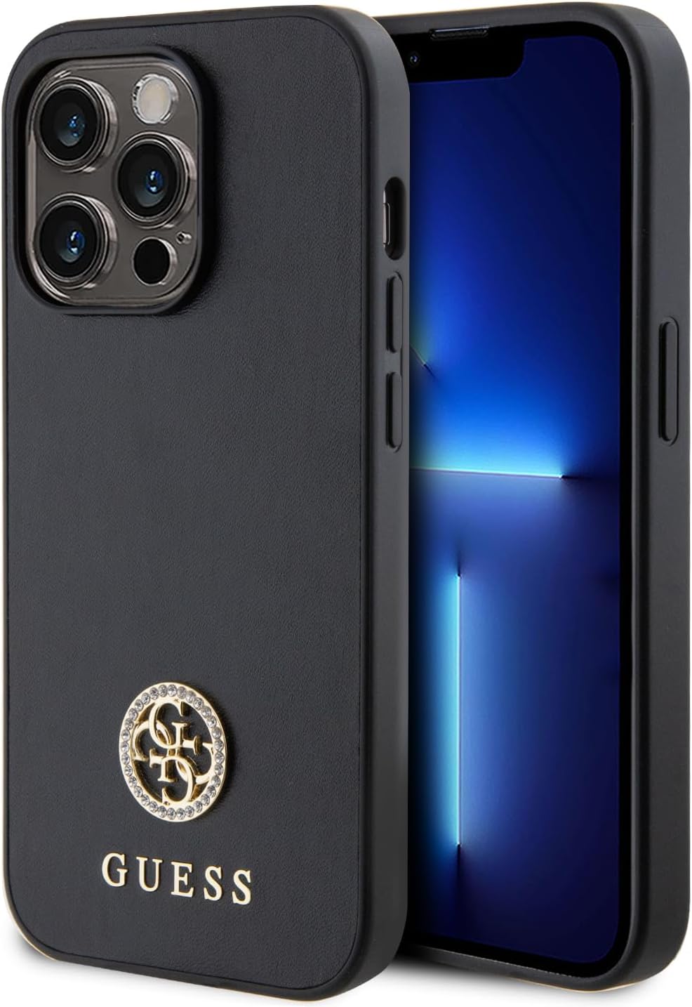Guess iPhone 15 Pro Max 4G Strass Metal Logo Θήκη με Επένδυση Συνθετικού Δέρματος - Black - GUHCP15XPS4DGPK