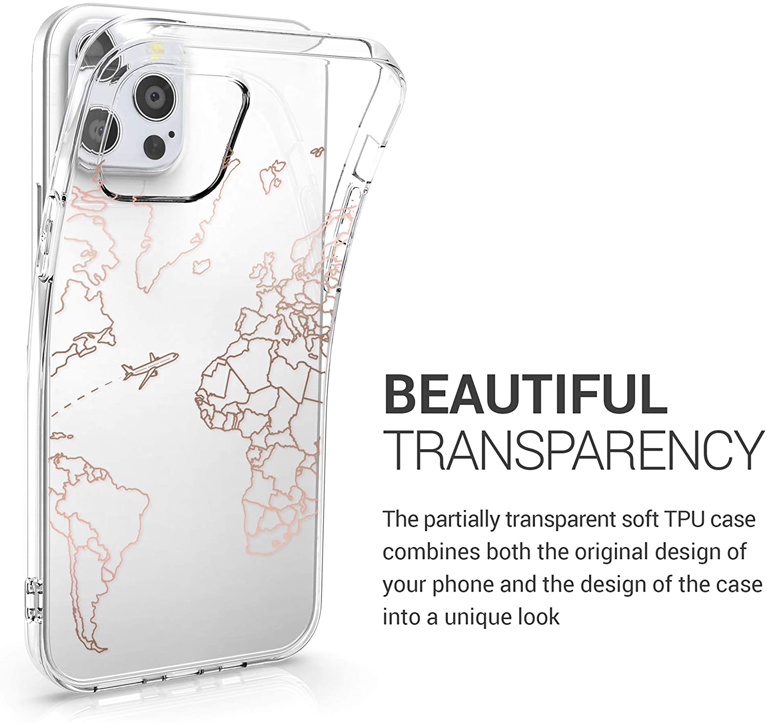 KW iPhone 12 / iPhone 12 Pro Θήκη Σιλικόνης TPU Design Travel and Explore - Διάφανη / Rose Gold - 53035.06