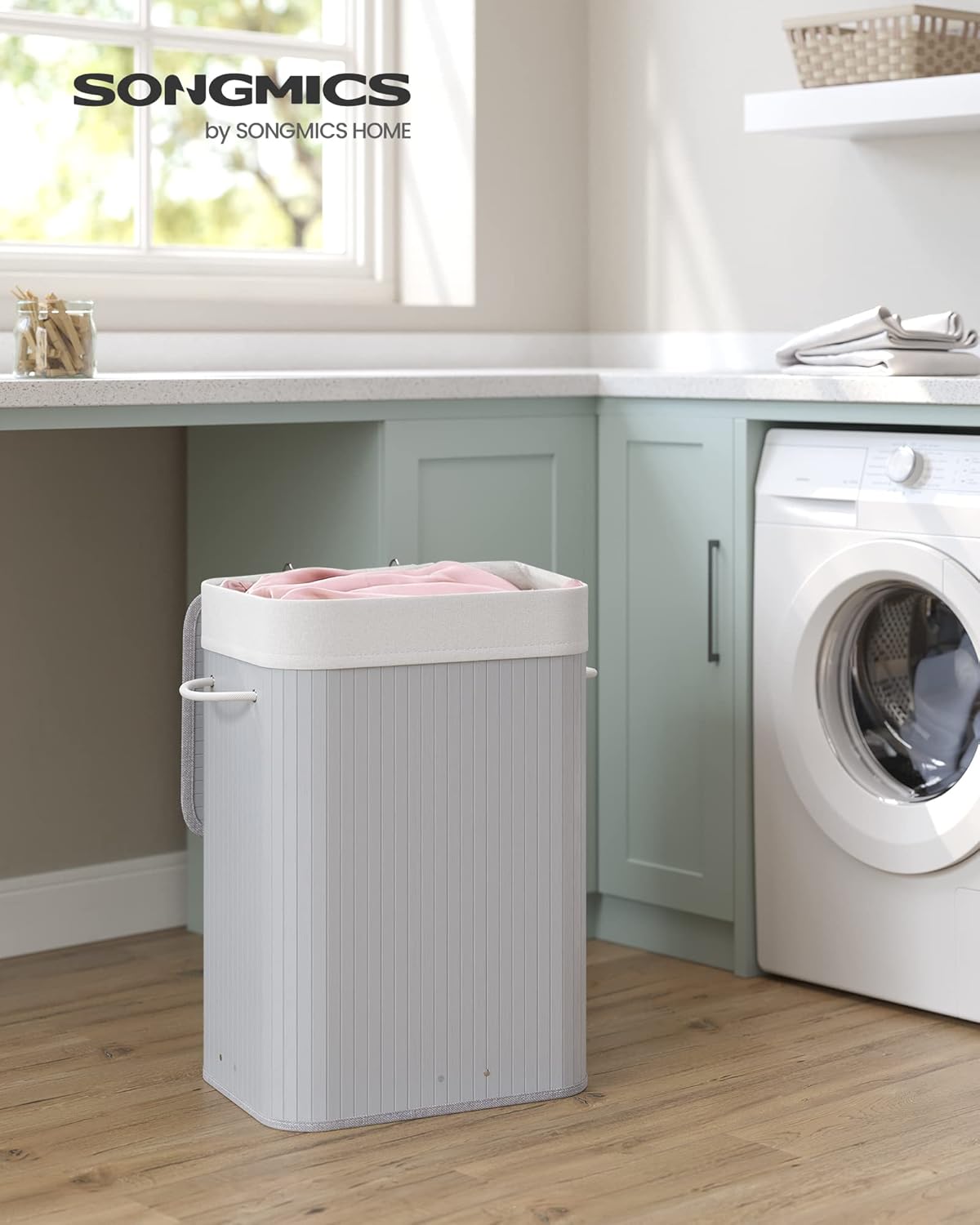 Songmics Καλάθι Απλύτων από Μπαμπού με Καπάκι - 72L - Grey - LCB010G01