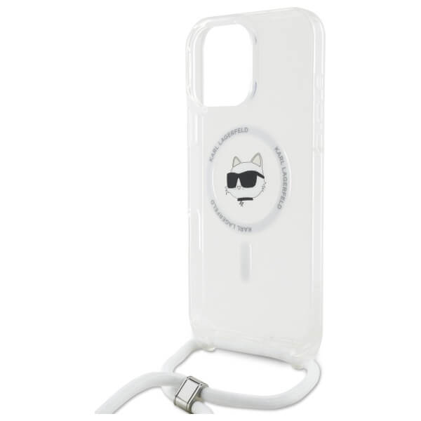 Karl Lagerfeld iPhone 16 Pro Max - IML Choupette Head and Cord - MagSafe Σκληρή Θήκη με Πλαίσιο Σιλικόνης και Λουράκι - Διάφανη - KLHMP16XHCCHNT