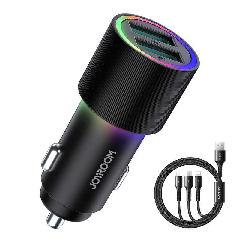 Joyroom JR - CL10 Car Charger Φόρτιση Κινητών στο Αυτοκίνητο με 2 Θύρες USB και Και Καλώδιο 3in1 Micro USB / Lightning / Type - C 1.2m - 24W - Black