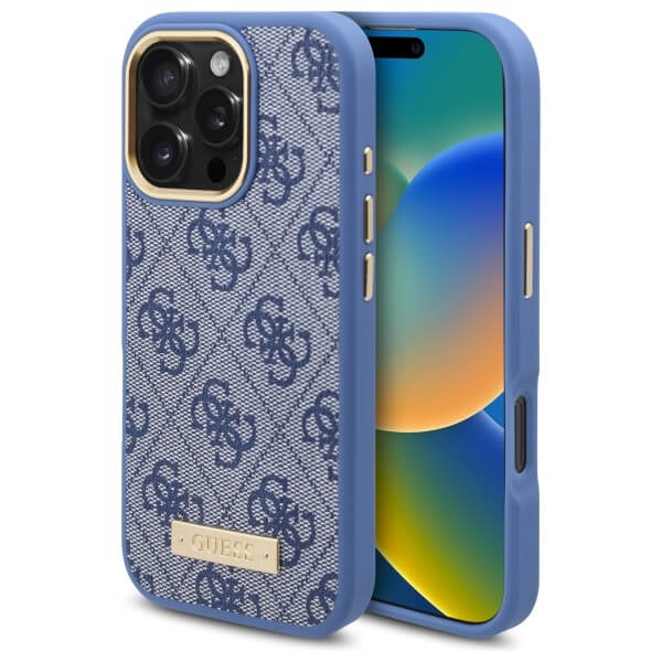 Guess iPhone 16 Pro 4G Logo Plate MagSafe Θήκη με Επένδυση Συνθετικού Δέρματος και MagSafe - Blue - GUHMP16LU4GPRB