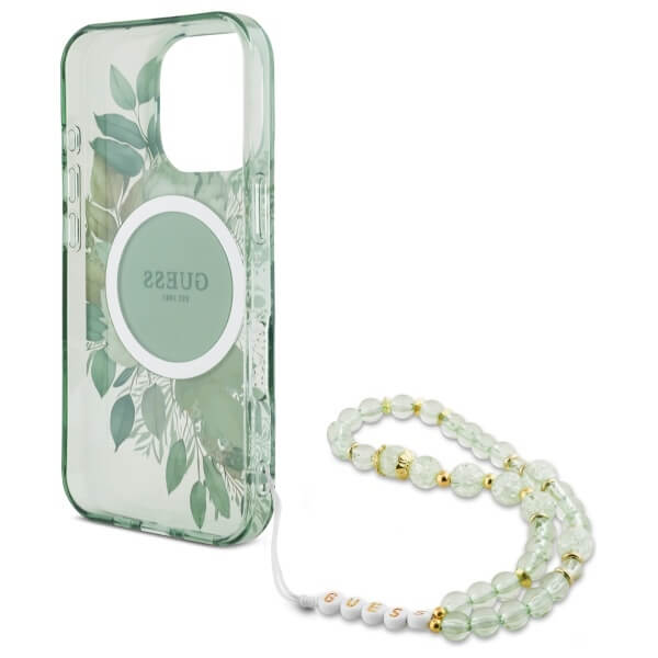 Guess iPhone 16 Pro Max - IML Flowers With Pearl Strap MagSafe - Σκληρή Θήκη με Πλαίσιο Σιλικόνης και Λουράκι - Green - GUHMP16XHFWBRCESN
