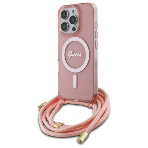 Guess iPhone 16 Pro - Crossbody Cord Script MagSafe - Σκληρή Θήκη με Πλαίσιο Σιλικόνης και Λουράκι - Pink - GUHMP16LHCTSGNSP