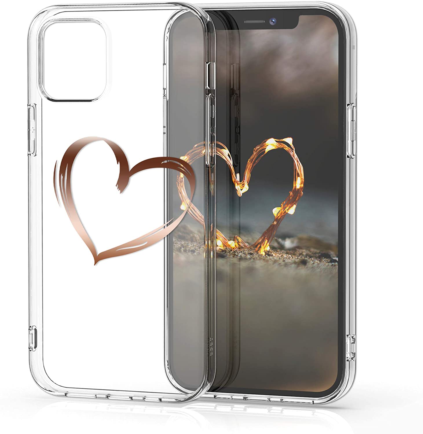 KW iPhone 12 / iPhone 12 Pro Θήκη Σιλικόνης TPU Design Brushed Heart - Διάφανη / Rose Gold - 53035.08