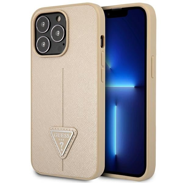 Guess iPhone 14 Pro Max Saffiano Σκληρή Θήκη με Πλαίσιο Σιλικόνης - Beige - GUHCP14XPSATLE