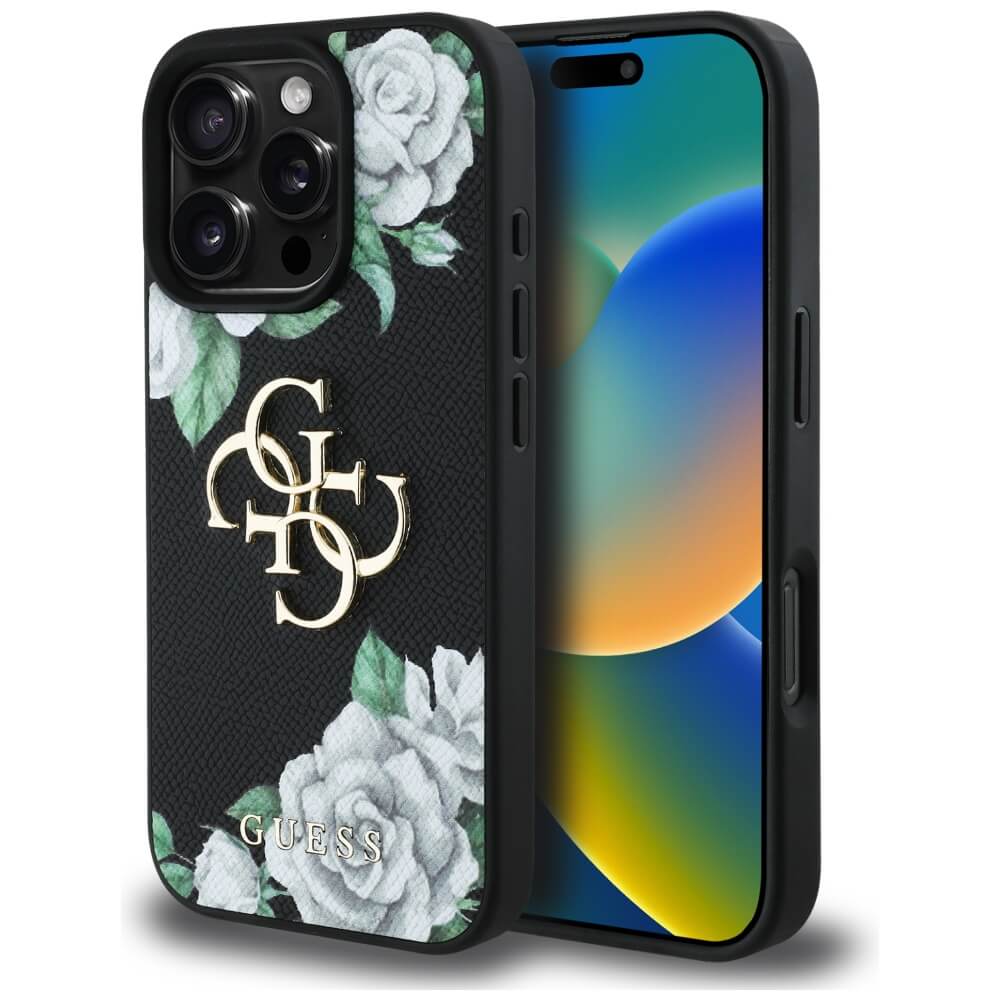Guess iPhone 16 Pro - Grained Roses Big 4G Logo - Σκληρή Θήκη με Επένδυση από Οικολογικό Δέρμα - Black - GUHCP16LPGROP4MK