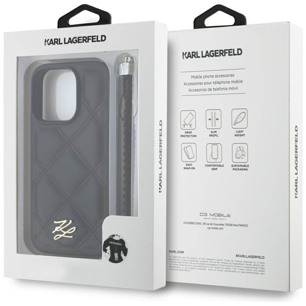 Karl Lagerfeld iPhone 16 Pro Max - Quilted Initial Logo and Chain Strap - Θήκη με Επένδυση Συνθετικού Δέρματος και Λουράκι - Black - KLHCP16XPSQSKLSMSK
