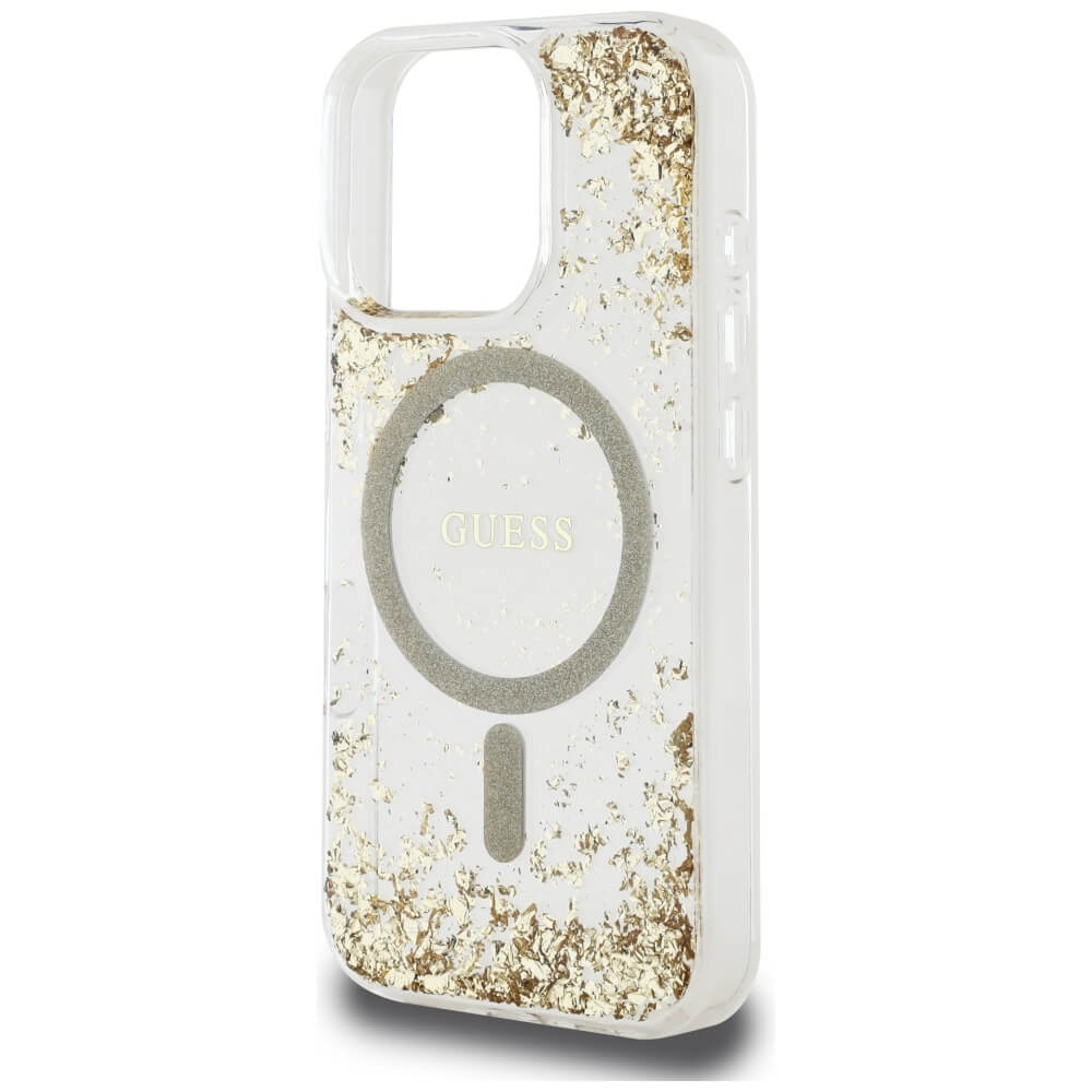 Guess iPhone 16 Pro Max - HC Resin Bottom Glitter - MagSafe Σκληρή Θήκη με Πλαίσιο Σιλικόνης - Gold - GUHMP16XRGRGED