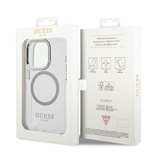 Guess iPhone 14 Pro Max Metal Outline MagSafe Σκληρή Θήκη με Πλαίσιο Σιλικόνης και MagSafe - Silver / Clear - GUHMP14XHTRMS