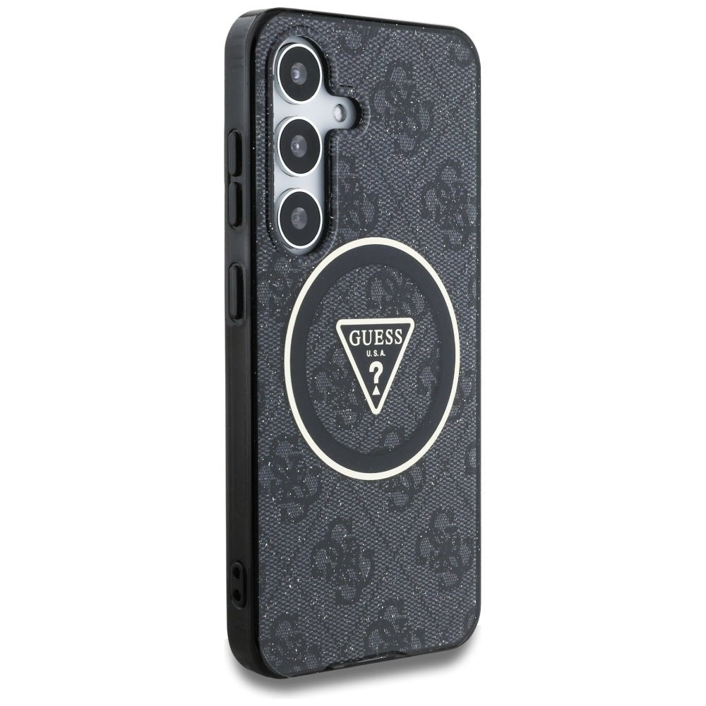 Guess Samsung Galaxy S25 - 4G Glitter Triangle Buttons - MagSafe Σκληρή Θήκη με Πλαίσιο Σιλικόνης - Black - GUHMS25SHG4PRTGK
