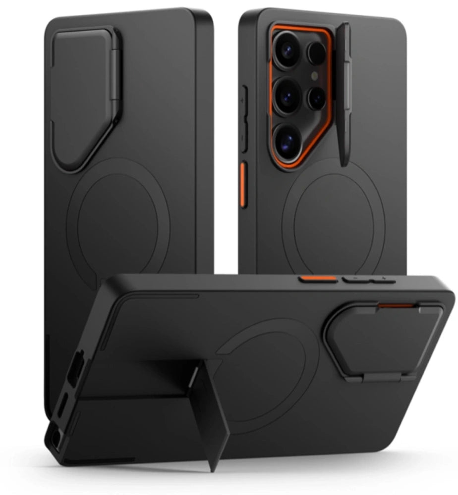 Tech - Protect Samsung Galaxy S25 Ultra - Kevlar Aura MagSafe - Σκληρή Θήκη με Ανοιγόμενο Κάλυμμα Κάμερας και Stand - Black / Orange