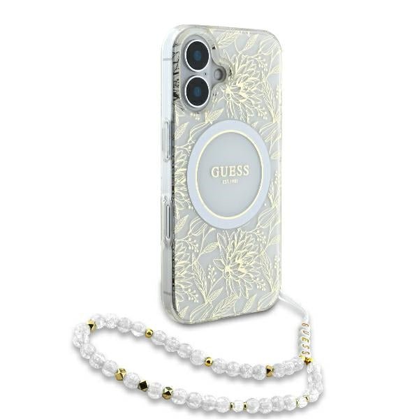 Guess iPhone 16 - IML Flowers Allover Electro With Pearl Strap MagSafe Σκληρή Θήκη με Πλαίσιο Σιλικόνης και Λουράκι - White / Διάφανη - GUHMP16SHCPOFPH