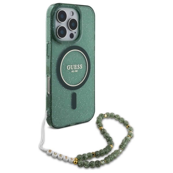 Guess iPhone 16 Pro Max - IML Glitter With Pearl Strap - MagSafe Σκληρή Θήκη με Πλαίσιο Σιλικόνης και Λουράκι - Green - GUHMP16XHGCRELSA