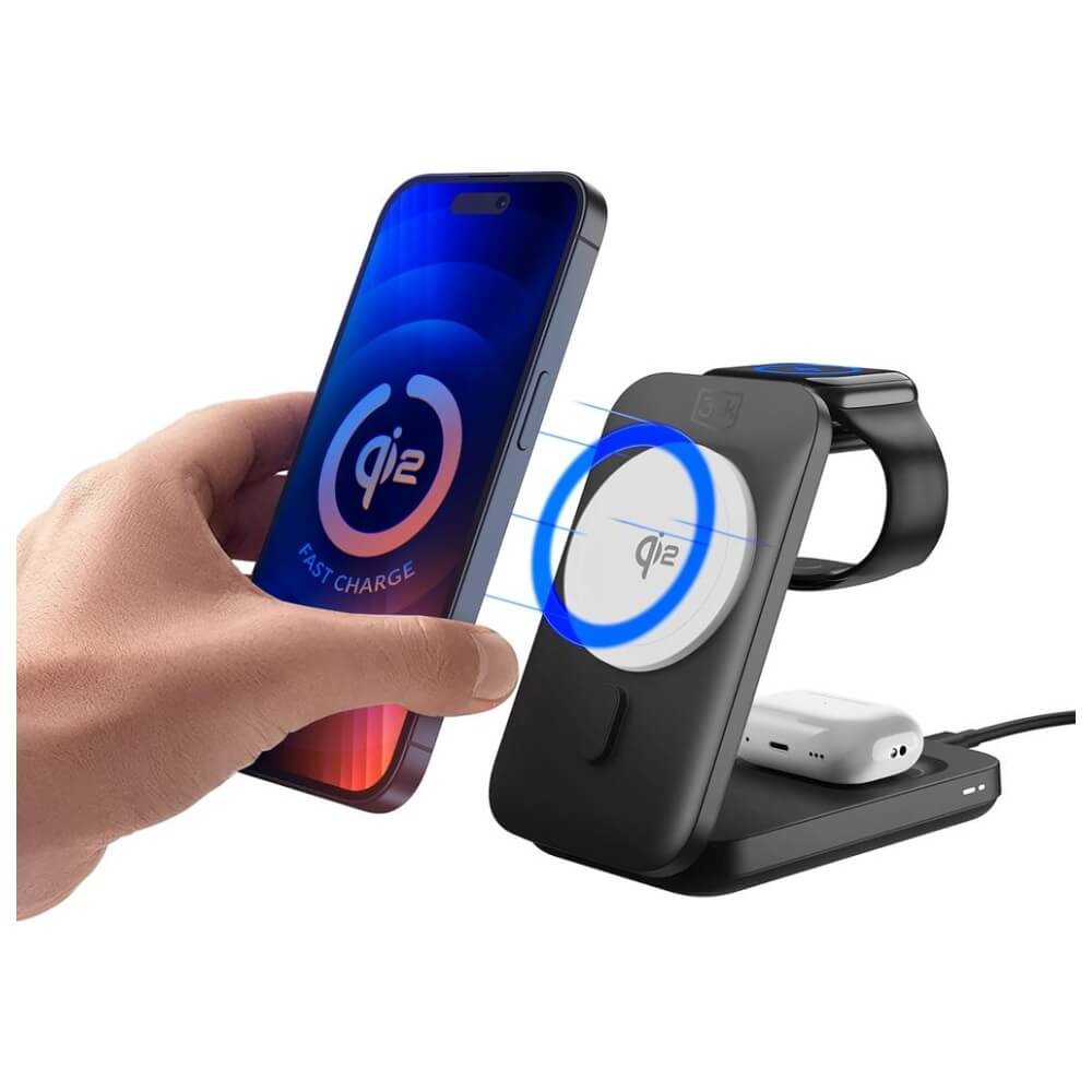 3MK 3in1 Ασύρματος Φορτιστής MagRocket Qi2 για Smartphones και Apple Watch και Airpods 15W - Black