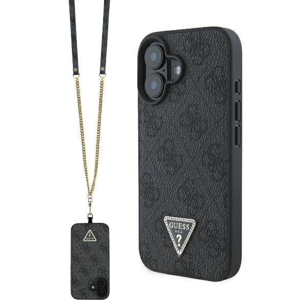 Guess iPhone 16 - Leather Metal Logo Strass Crossbody - Θήκη με Επένδυση Συνθετικού Δέρματος και Λουράκι - Black - GUHCP16SP4TDSCPK