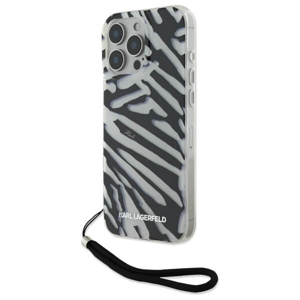Karl Lagerfeld iPhone 16 Pro - IML Zebra Pattern and Cord - Σκληρή Θήκη με Πλαίσιο Σιλικόνης και Λουράκι - Black - KLHCP16LHZBPKCCK