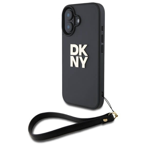 DKNY iPhone 16 - Wrist Strap Stock Logo - Σκληρή Θήκη με Επένδυση Συνθετικού Δέρματος με Λουράκι - Black