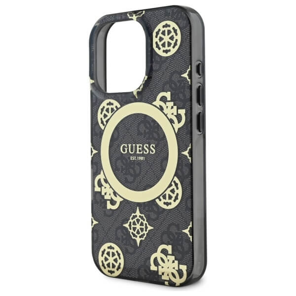 Guess iPhone 16 Pro Max - IML Peony On 4G Background MagSafe - Θήκη με Επένδυση Συνθετικού Δέρματος - Black - GUHMP16XH4PYEEK