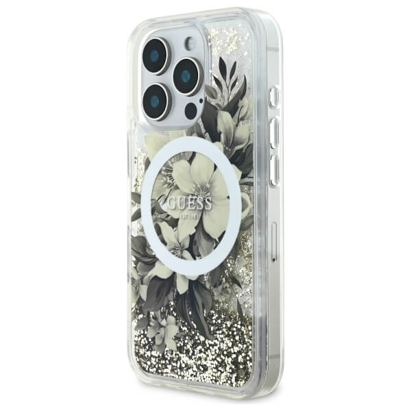 Guess iPhone 16 Pro - Liquid Glitter Flower MagSafe - Σκληρή Θήκη με Πλαίσιο Σιλικόνης - Beige - GUHMP16LLFMWTE